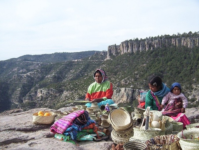 Mujeres de la cultura Ódami del norte exhibiendo artesanías tradicionales tejidas en un paisaje montañoso de la Sierra Madre, rodeadas de canastas y textiles elaborados a mano.