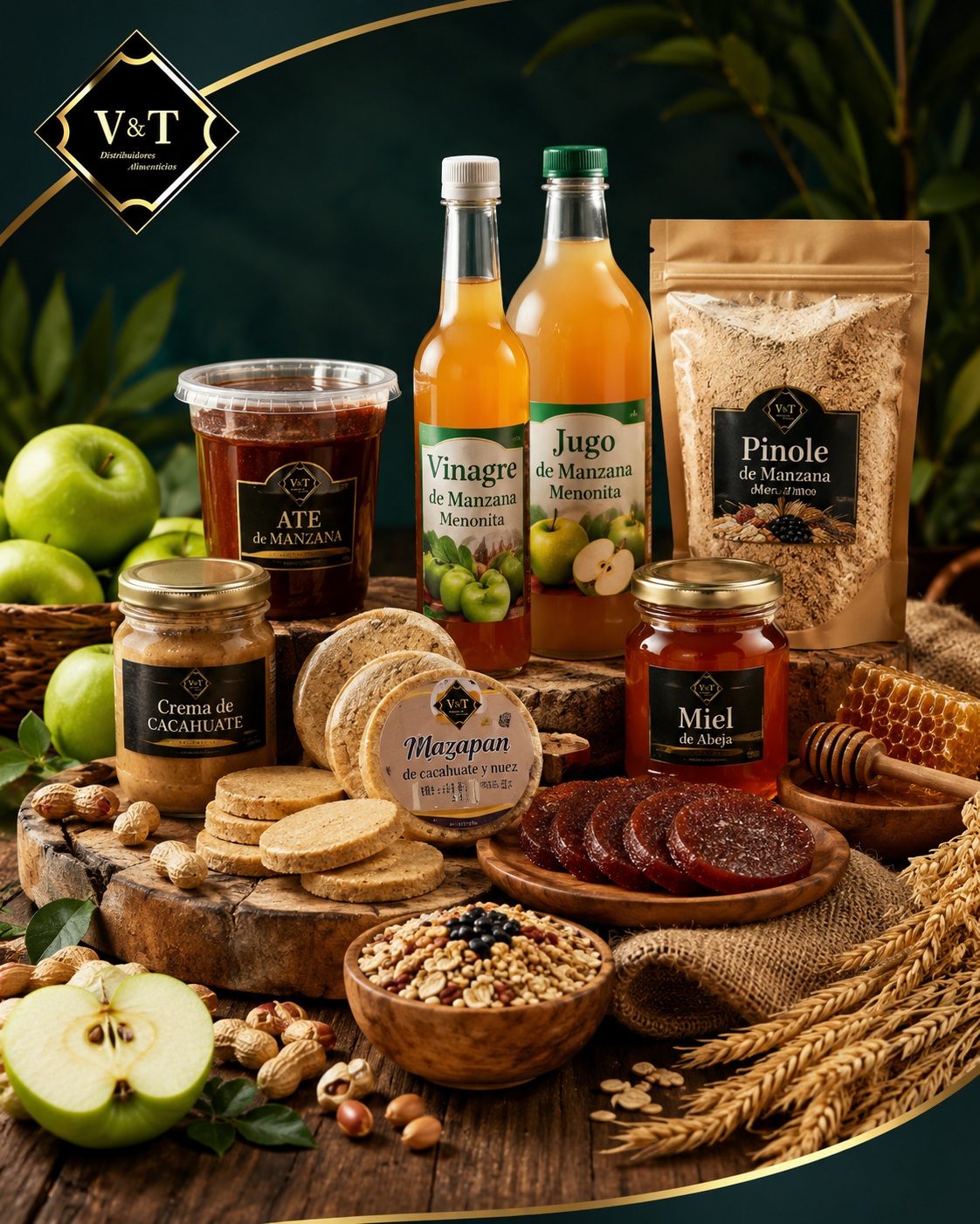 Catálogo visual de productos de VT Distribuidores Alimenticios: ate de manzana, miel, crema de cacahuate, jugo y vinagre de manzana, mazapanes y pinole.
